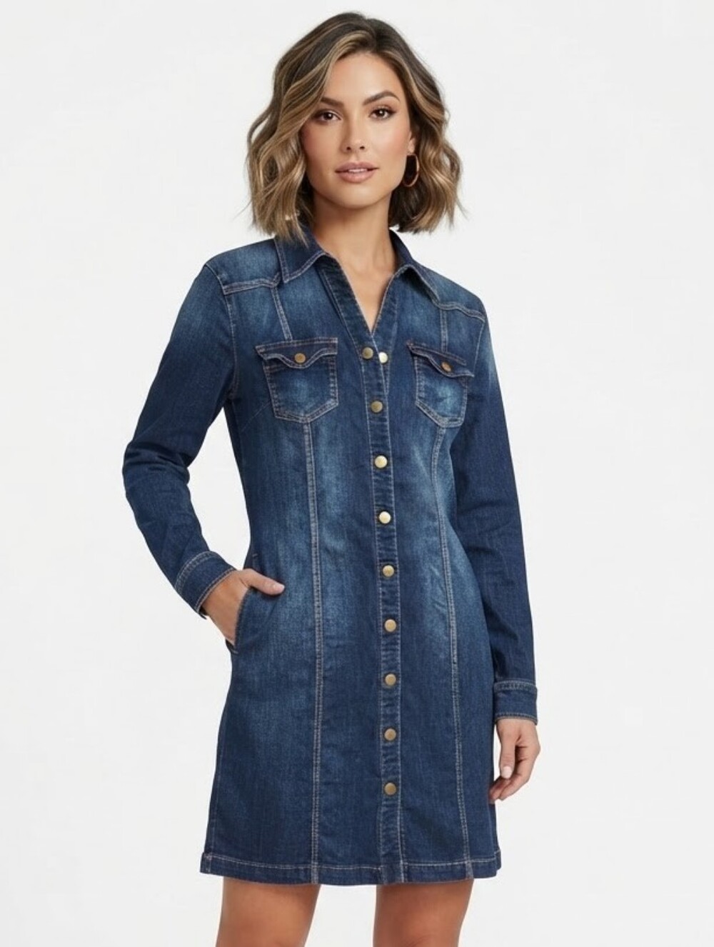 New York & Company Dark Wash Denim Long Sleeve Button Front Shirt Dress XL